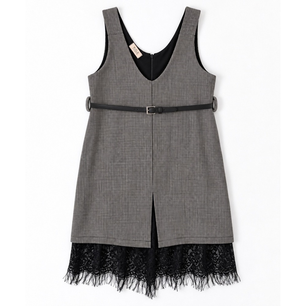 Yulia Prokhoiva Plaid Lace Layered Mini Dress Pinafore Grey Black Burgundy XXS